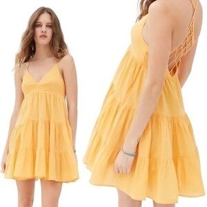 Urban Outfitters Fieldstone Ladder Open Back Tiered Mini Dress in Mango Yellow
